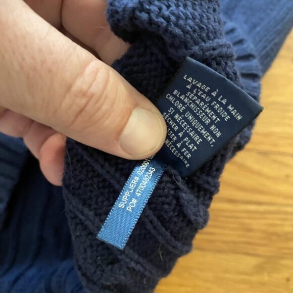 Vtg Ralph Lauren Sweater Womens Medium Navy Cable Knit V Neck Red Pony Pullover - Picture 8 of 10